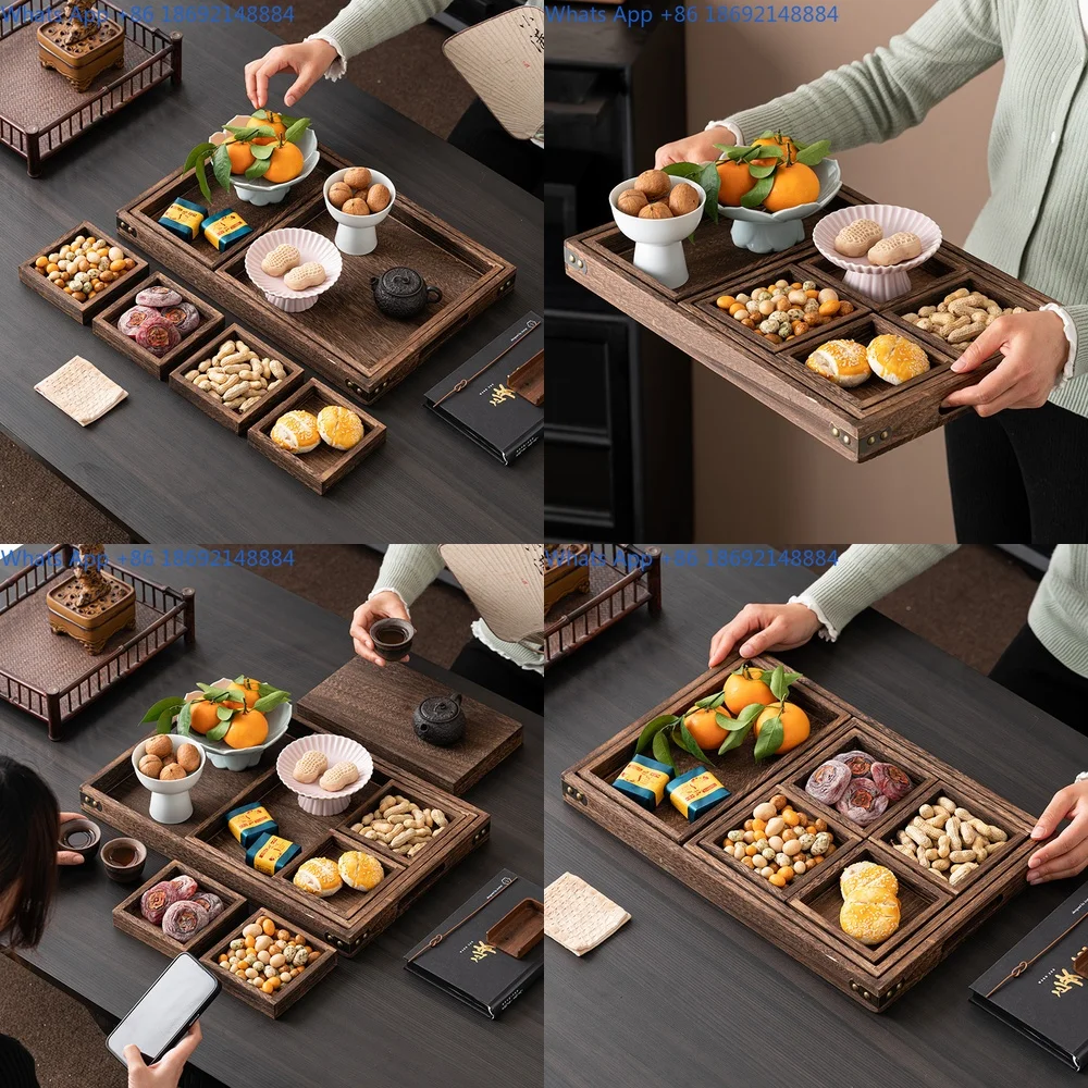 

Wooden Fruit Tray for Home Living Room Tea Snack Partitioned Platter Chinese Style Dessert Plate Afternoon Tea Set