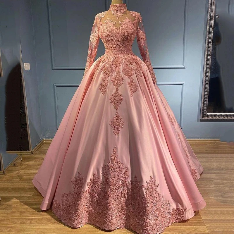 Abito da ballo iridescente rosa scuro manica lunga collo alto nuove Appliques affascinanti ragazze di 15 anni abiti Quinceanera Robe De Bal