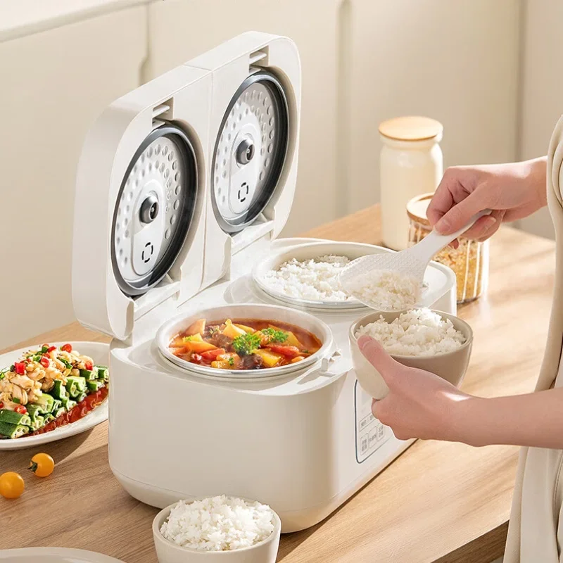 Rice Cooker with Dual Control and Intelligent Reservation for Small Family White Jade Crystal Inner Pot 1.6Lx2 Capacity