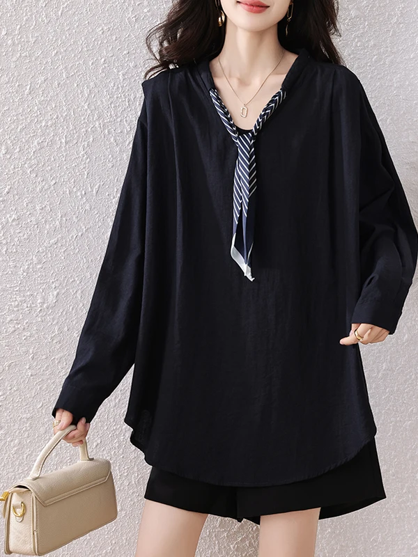 Faionable Tie irt Women's Clothing Autumn 2025 Slimming Top Versatile Sle Polyester Fiber Long Sve Crew Ne