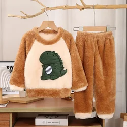 Autumn Winter Kids Thicken Warm Soft Flannel Pajamas Baby Boys Girls Cute Cartoon Dinosaur Long Sleeve Clothing Sets Pyjamas