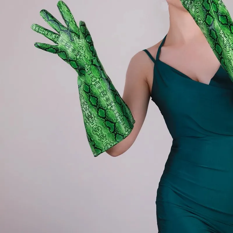 

Women's Fashion PU Leather Green Snake Wide Sleeve Long Glove Lady's Club Performance Formal Party Dancing Glove 38cm R1146