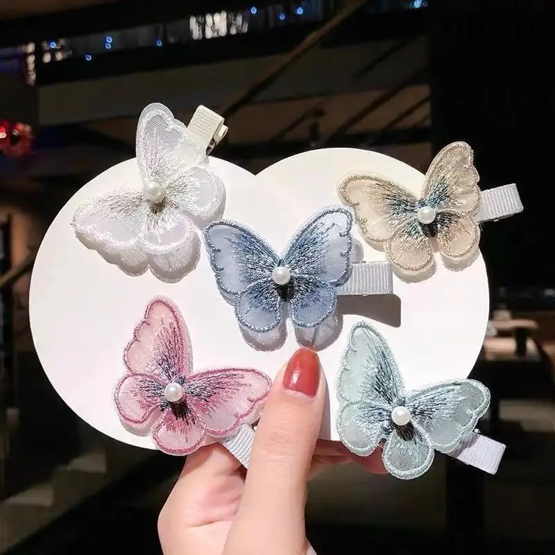 Xgnvpy Ins Pearl Butterfly Hairpin Girls Side Duck Bill Headdress Mori Super Fairy Girl Bangs Clip Out Hair Accessories