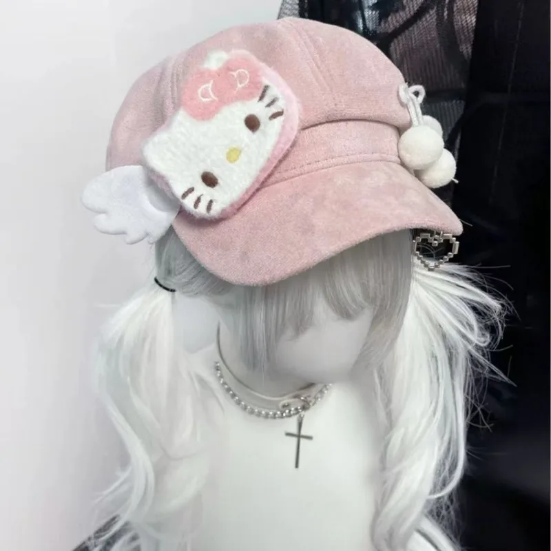 Sanrio Hello Kitty Subculture Cute Personality Pink Beret Women's Autumn Winter Sweet Trendy Hat New Style Trend Versatile Beret