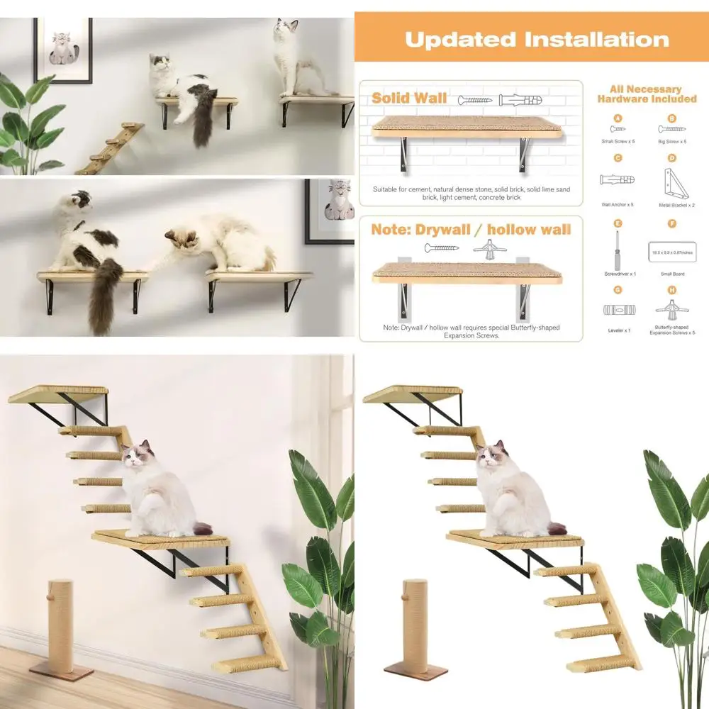 

Двухуровневая настенная лестница для кошек с 4-ступенчатыми полками для восхождения для царапин, отдыха и игр