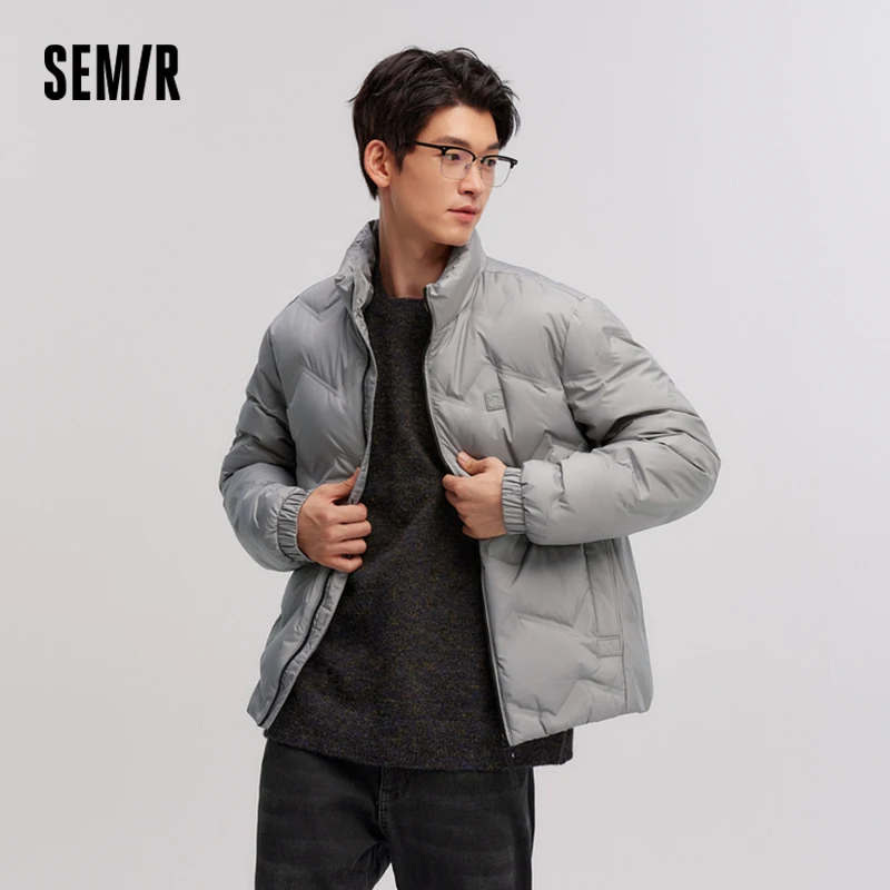 Semir Down Jacket Men Winter No Quilting Line Printed Stand Collar Simple Versatile Lightweight Coat