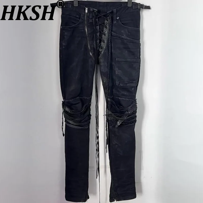 

Новые мужские джинсы HKSH Spring New: стильные, с принтом зебры, на шнурках, с вставками из змеиной кожи, микро-клеш, модель HK21670