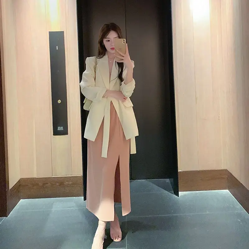 

Korea Two Piece Set Dress Women Long Sleeves Single Button Office Lady Fashion Coats Clothes 2024 New