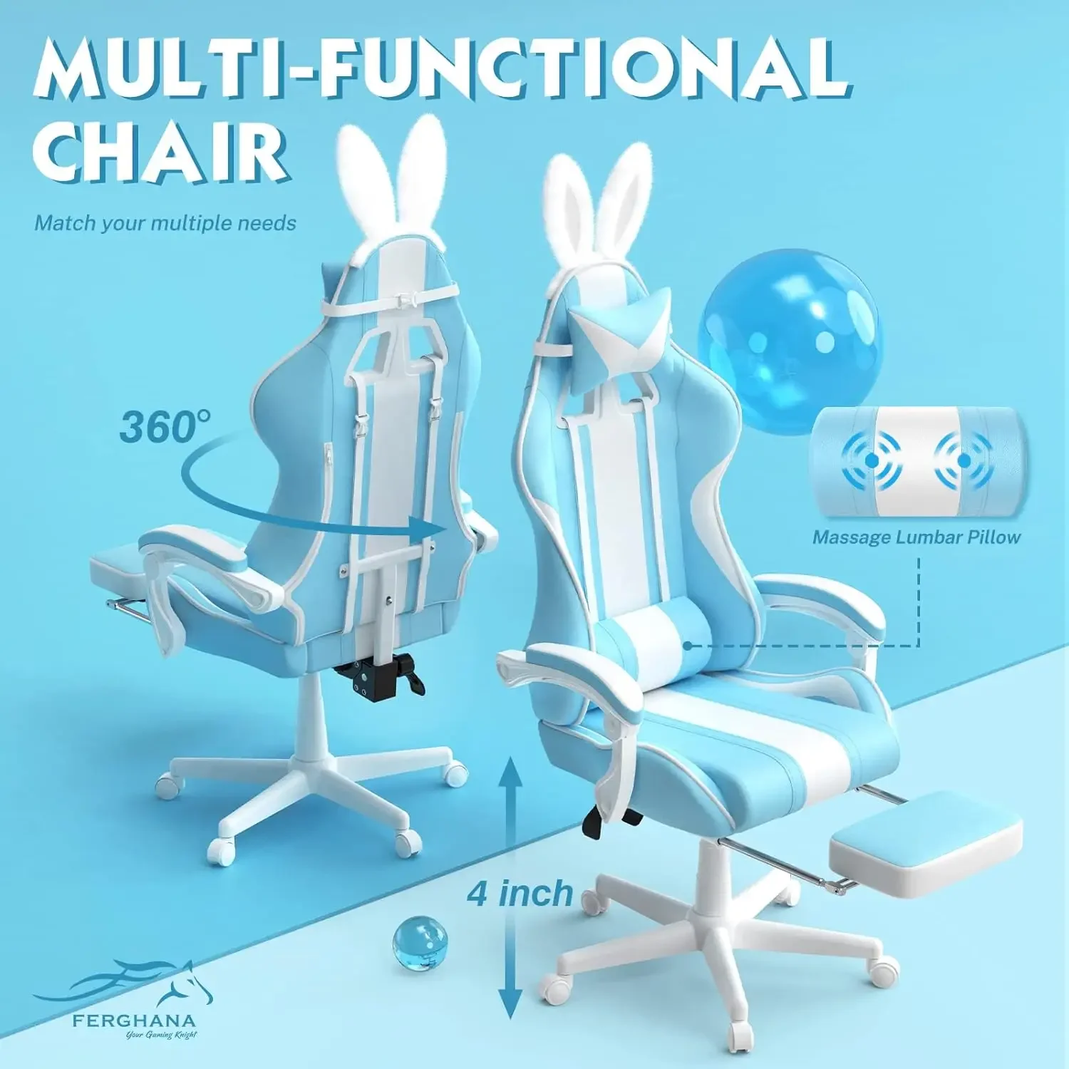 Kawaii Light Blue Gaming Chair with Bunny Ears, Cute Ergonomic Gamer Chair with Footrest and Massage, Racing Reclining Leather C