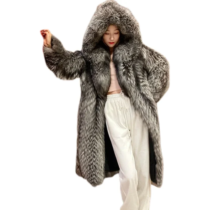 

Women's Fur Coat Imitation Fox Fur Windbreaker Hood Long Jacket Young Winter Warm Casual