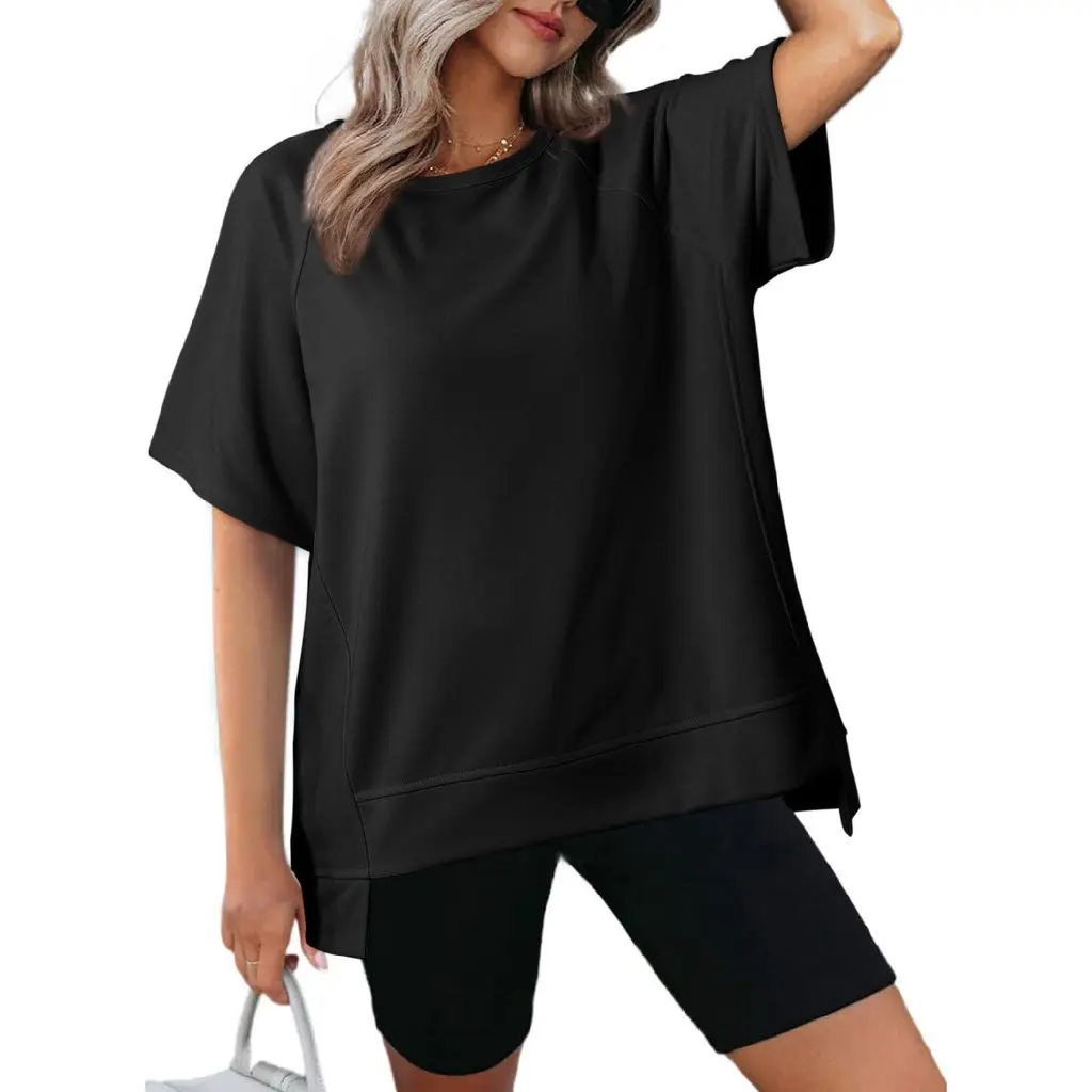 

Summer New Women's round Neck T-Shirt Solid Color Cropped Bell Sleeve Loose Fit European American Style Top by