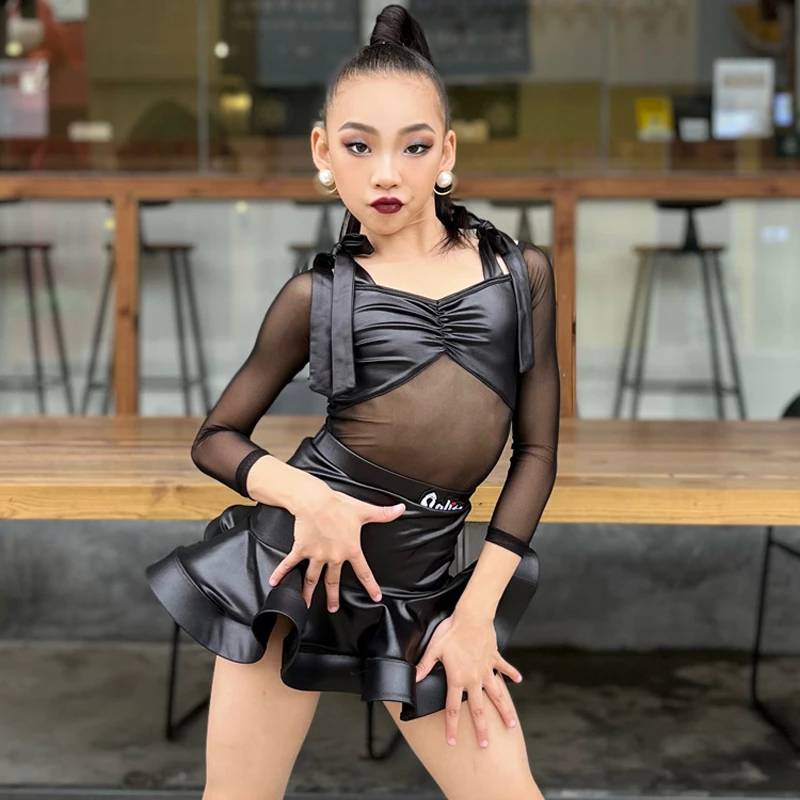 

Kids Girls Lolita Latin Dance Clothing Outfit Set Long Sleeve Leather Mesh Lace-up Top Pants Stage Performance Tassel Dress
