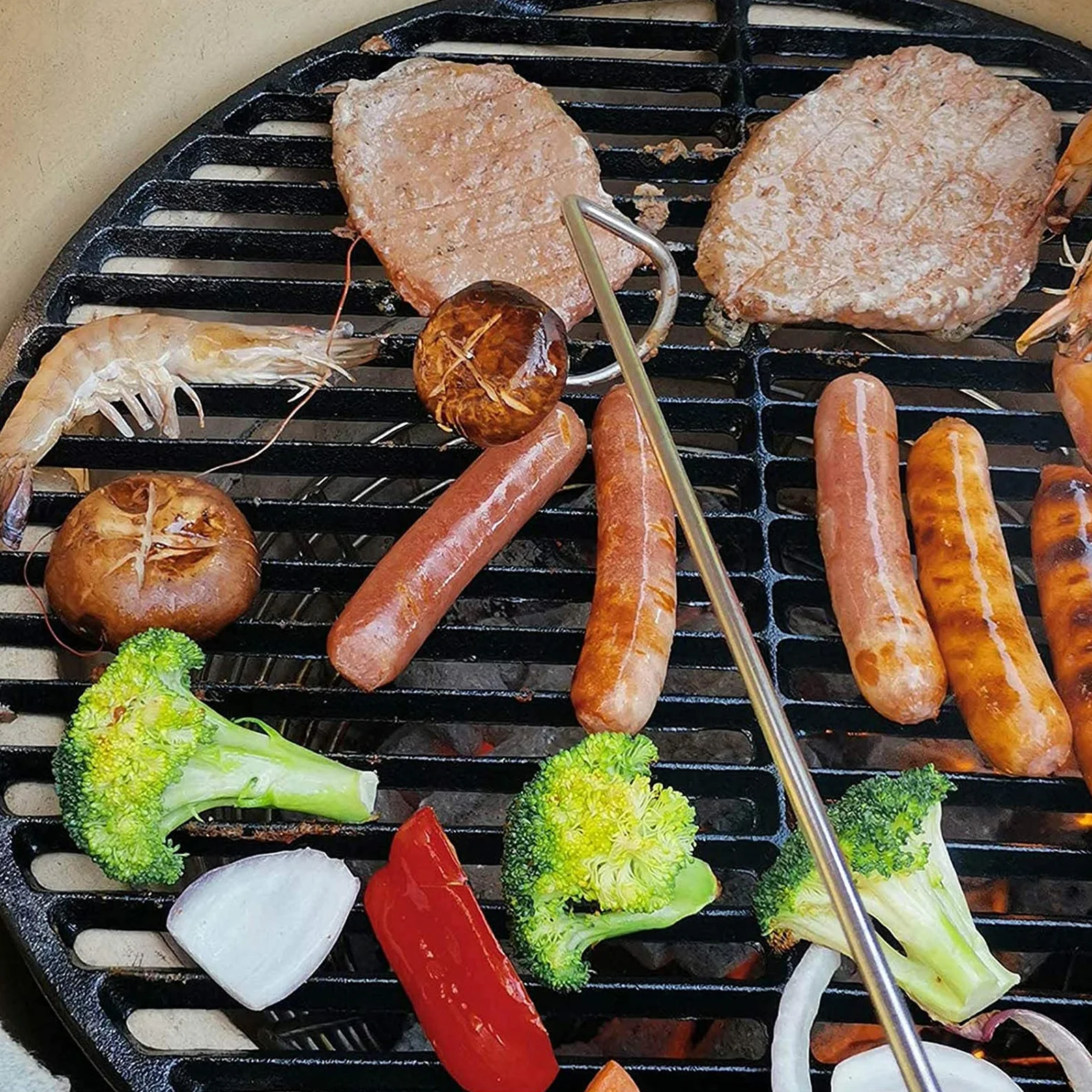 

1Pcs Bbq Meat Turner Hook Pigtail Fin Angle Stainless Steel Food Flipper Wooden Handle Grill Tool for Ribs Steak Chicken