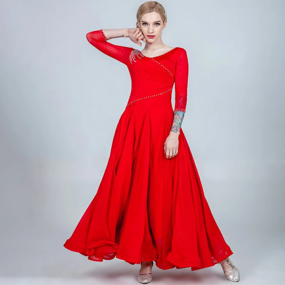 Standard Dance Competition Costume Rhinestone Custom Women's Banquet Dress V-Neck Performance Costume Long Sleeve