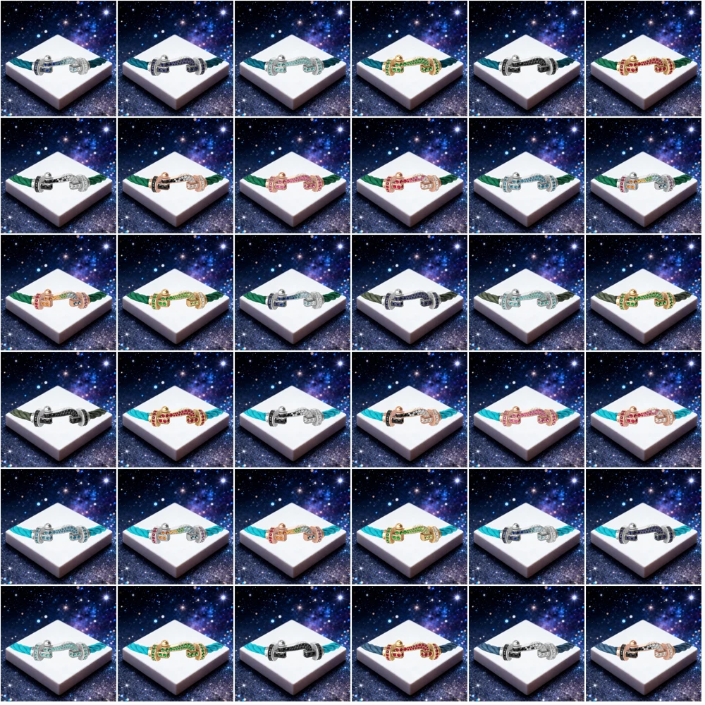 

KUXM New 925 Silver Colorful Double Row Zircon Large Size U-shaped LightBlue Nylon Bracelet Party Gifts Luxurious Couple Jewelry