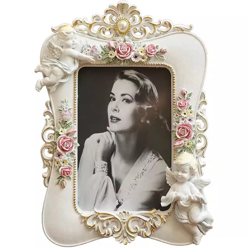 Retro White Rose Border Cupid Angel Bedside Photo Frame, Desktop Foyer Showcase Window Study Room Decoration Photo Frame