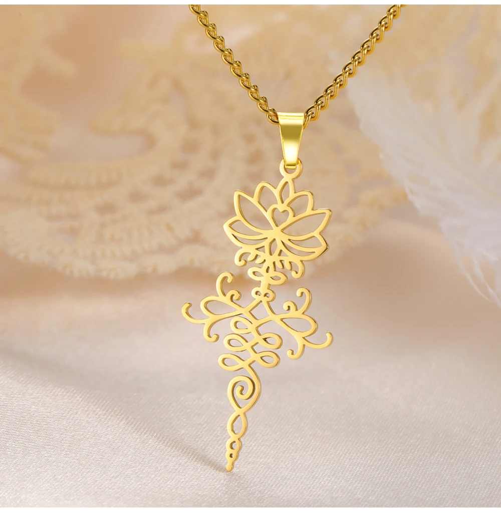 COOLTIME Lotusblume Anhänger Damen Halskette Edelstahl Mode Buddhismus Wiedergeburt und Reinheit Charm Halskette Amulett Schmuck – Detail 10