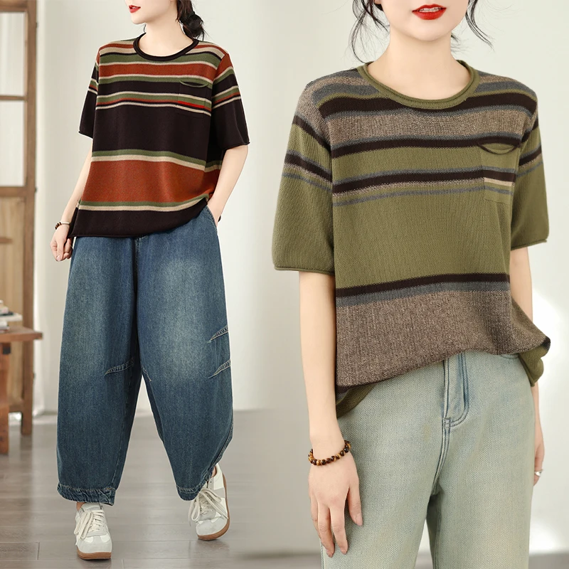 

Breathable Knitted Loose Short Sleeve round Neck T-Shirt Women's Summer Fashion Casual Style Airy Top Korean Style round Neck...