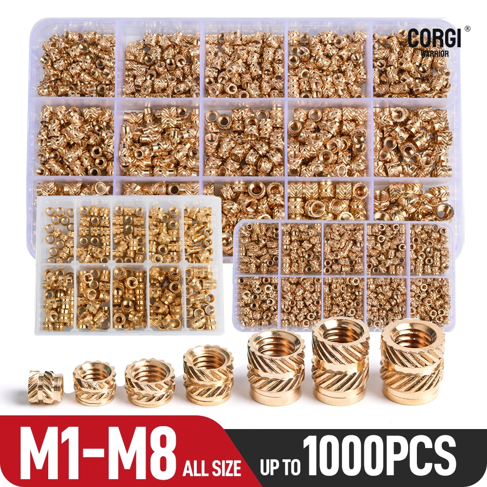 Hot Melt Brass Insert Nut Kit, Injeção de rosca recartilhado, Inserção métrica para plástico 65-1000, M1 M1.2, M1.4, M2, M2.5, M3, M4, M5, M6, M8