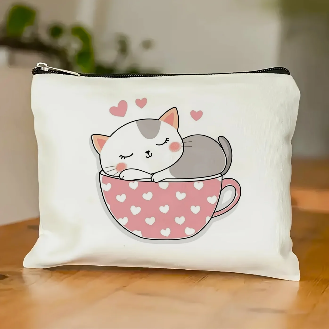 Bolsa de maquillaje con estampado de taza de café con bonito gato, bolsa multifuncional con cremallera, bolsa de almacenamiento de joyas, almacenamiento pequeño con cremallera de viaje perfecto
