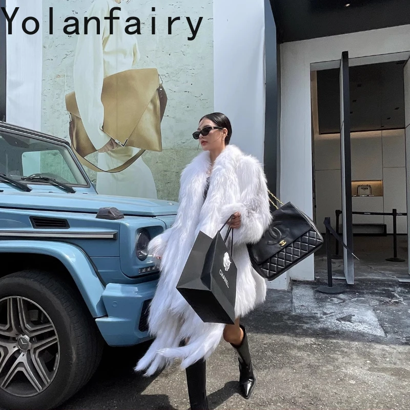 YOLANFAIRY Autumn and Winter Imported fox fur  Thickened street-style woven mid-length fringed fur coat шубаженская 2025