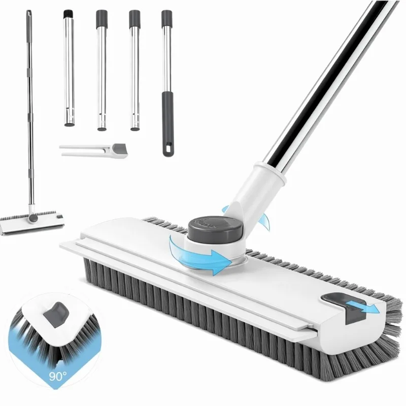 3-in-1 Long Pole Bathtub Scrub Brush - Dual-Sided Rigid Bristles, Attached Squeegee Scrub-Scrape Combo Tool for Shower Stall, Outdoor Cleaning - Grey-Orange Home Supplies Cleaning Essential