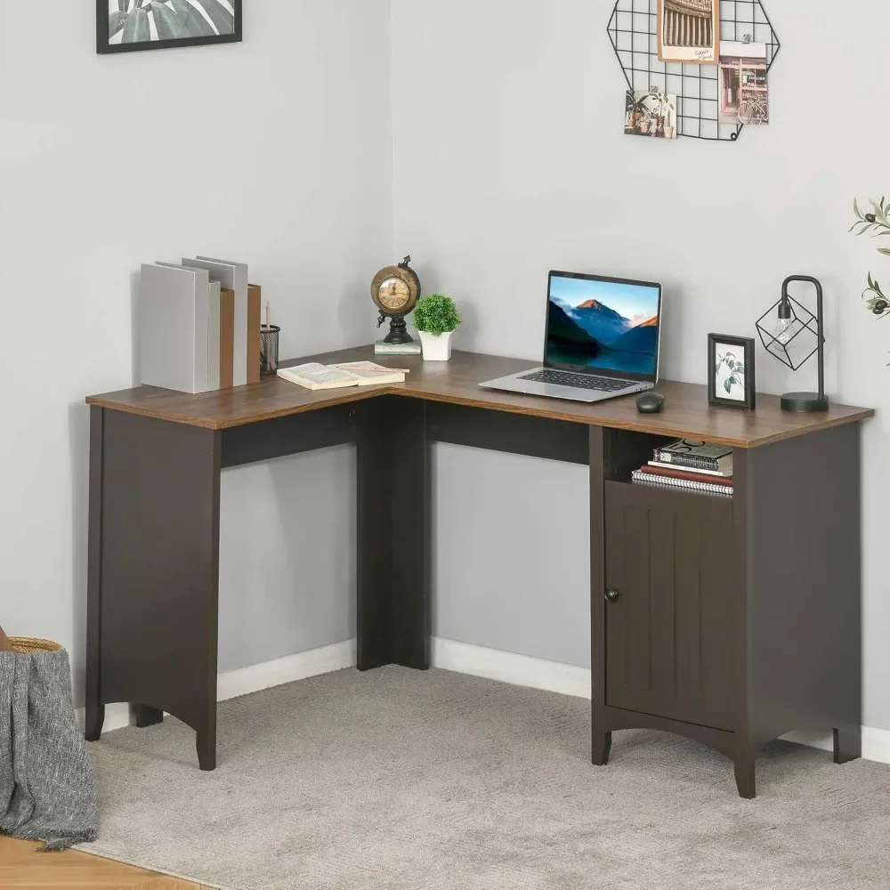 L-Shaped Computer Desk with Open Shelf and Storage Cabinet, Corner Writing Desk with Adjustable Shelf, Coffee