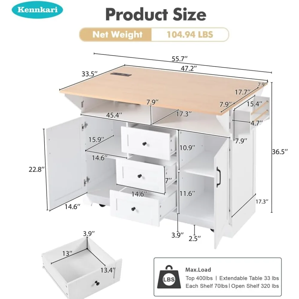 جزيرة مطبخ متنقلة بأوراق قطرة مزدوجة ومخرج طاقة ومنشفة ورفوف توابل