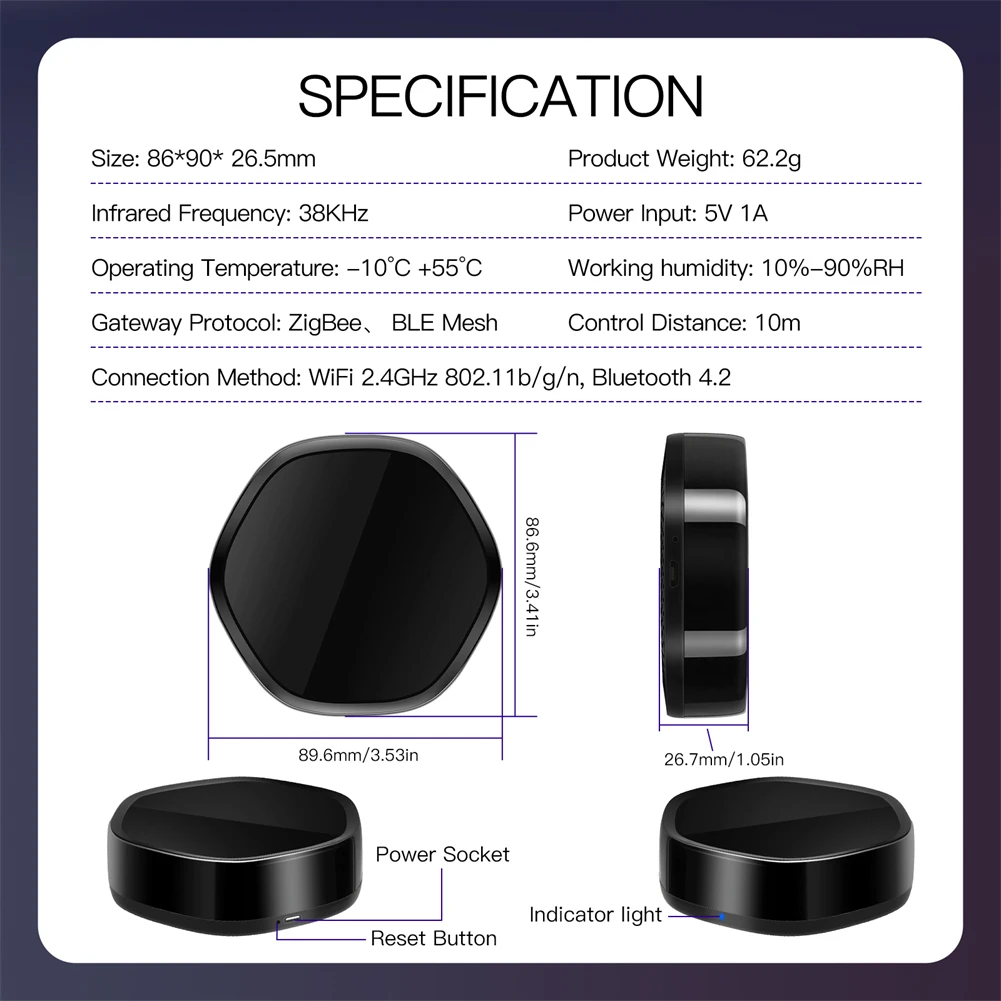 Tuya Smart Home WiFi 2 en 1, inalámbrico, multifunción, BLE Mesh, puerta de enlace ZigBee con control remoto IR de 38K a través de Alexa y Google Home