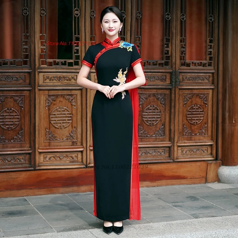 

2025 национальная цветочная вышивка Ципао, китайское улучшенное торжественное платье Ципао, ретро платье для выступления на сцене, банкетное вечернее платье