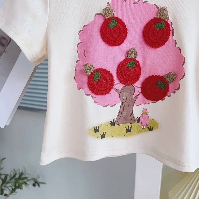 Free Bag Baby Girls Short-sleeved Apple Tree T-shirt Skirt Summer Cartoon Print Tops Shirts Pleated Skirt 3pcs Clothing Sets