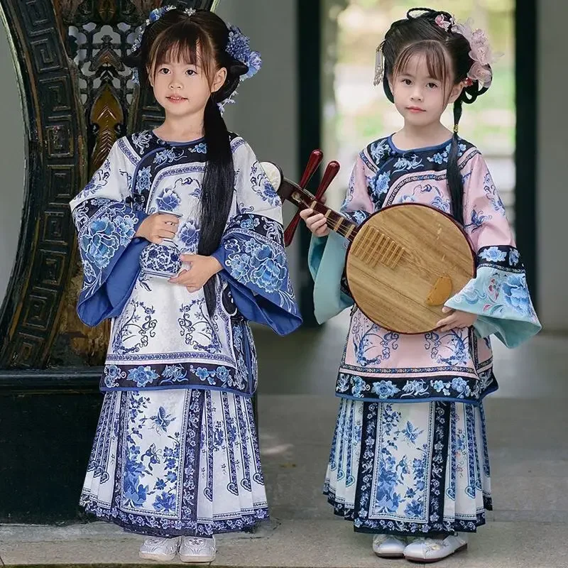 

Girls' Hanfu Blue and White Porcelain Grid Dress, Qing Han Girls' and Children's Ancient Style Set, Spring New Style, Palace