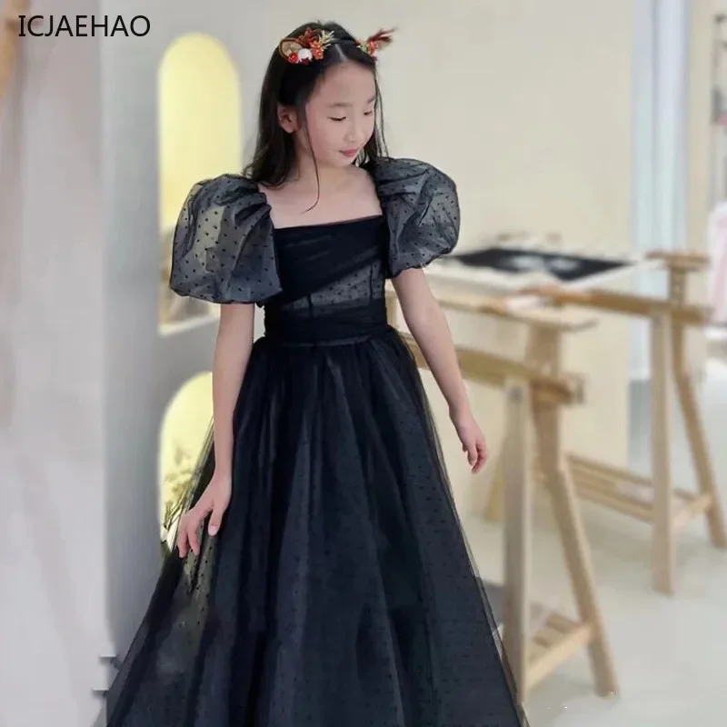 2025 Girl Evening Dress Elegant Black Vintage for Kids Puff Sleeve Gowns Teenages Party Dresses Children Violin Performance