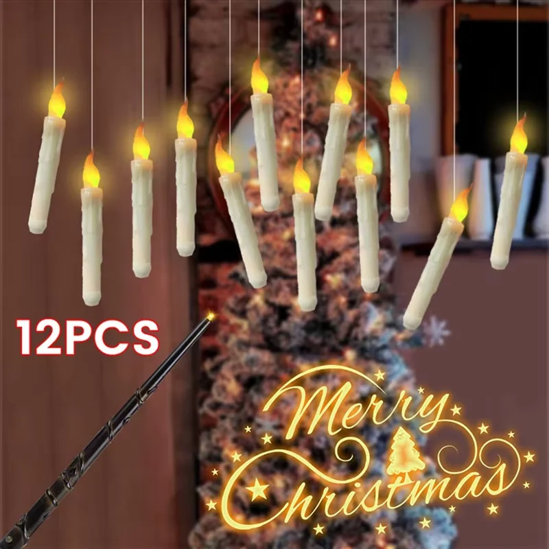 

12PCS Hanging Floating Candle with Magical Wand Remote Candle LED Flickering Flameless for Party Christmas Halloween Decor