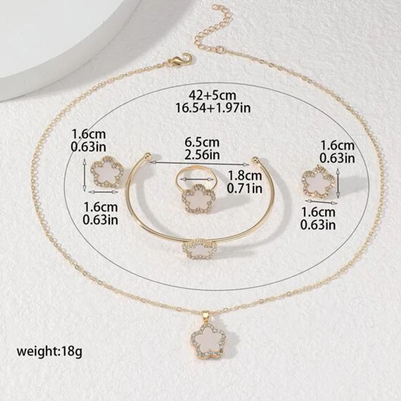 4 PCS Set Flower Shape Pendant Earring Ring Bangle Set Crystal Stone Necklace Earring Stud Cuff Bangle Open RingJewelry Set image 6