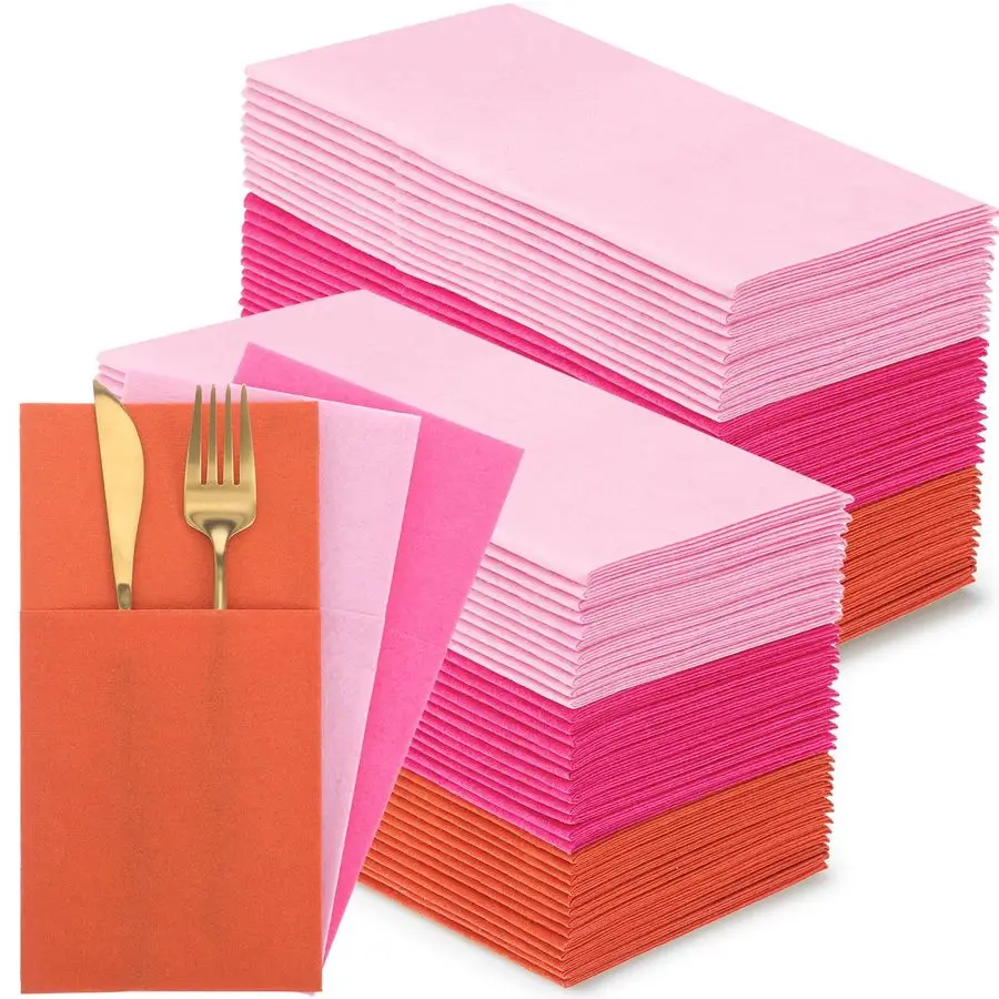 

150 Pcs Pink and Orange Paper Linen Napkins Disposable Dinner Napkins Prefolded Guest Hand Towel with Built in Flatware Pocket f