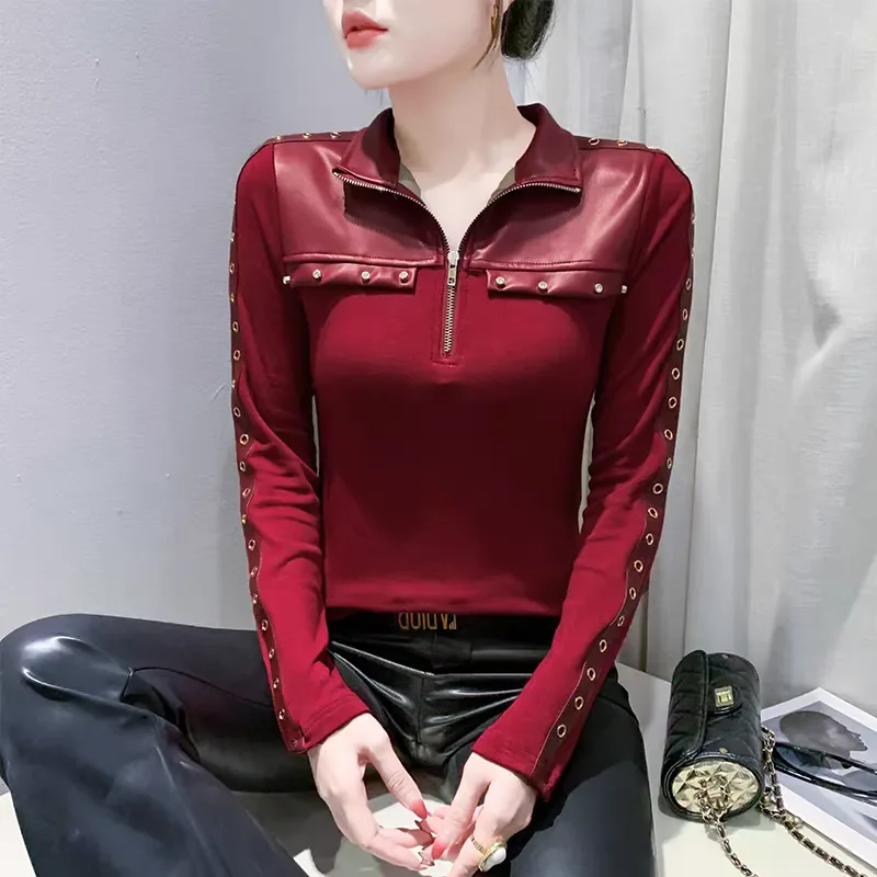 Couro do plutônio retalhos lapela camisa de manga comprida blusa para mulher 2026 nova primavera outono fino prego grânulo meio-zip cardigan topo