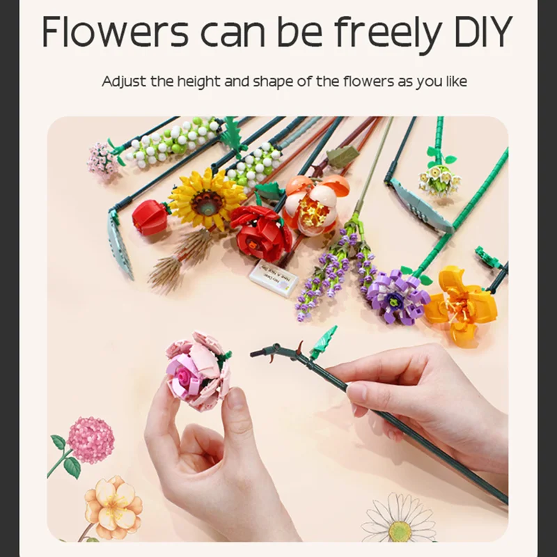 Romantic Rose Flowers Bouquet Building Blocks Ideas Simulation Model Bricks Home Decoration DIY Toys for Girls Gifts