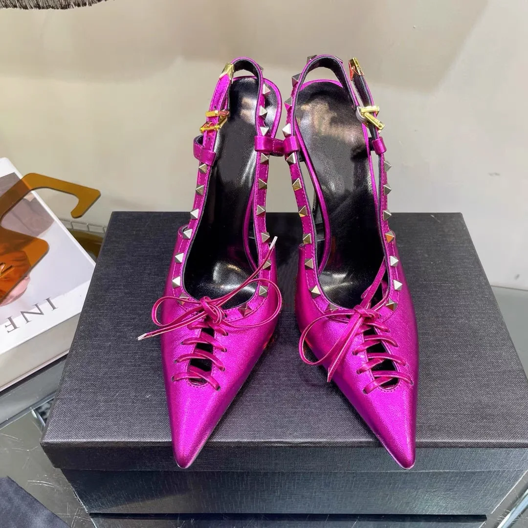 Belt Buckle Rivets Pointed Toe Summer Women Sandals Metal Stiletto High Heels Zipper Design Large Size Fashion Party Shoes
