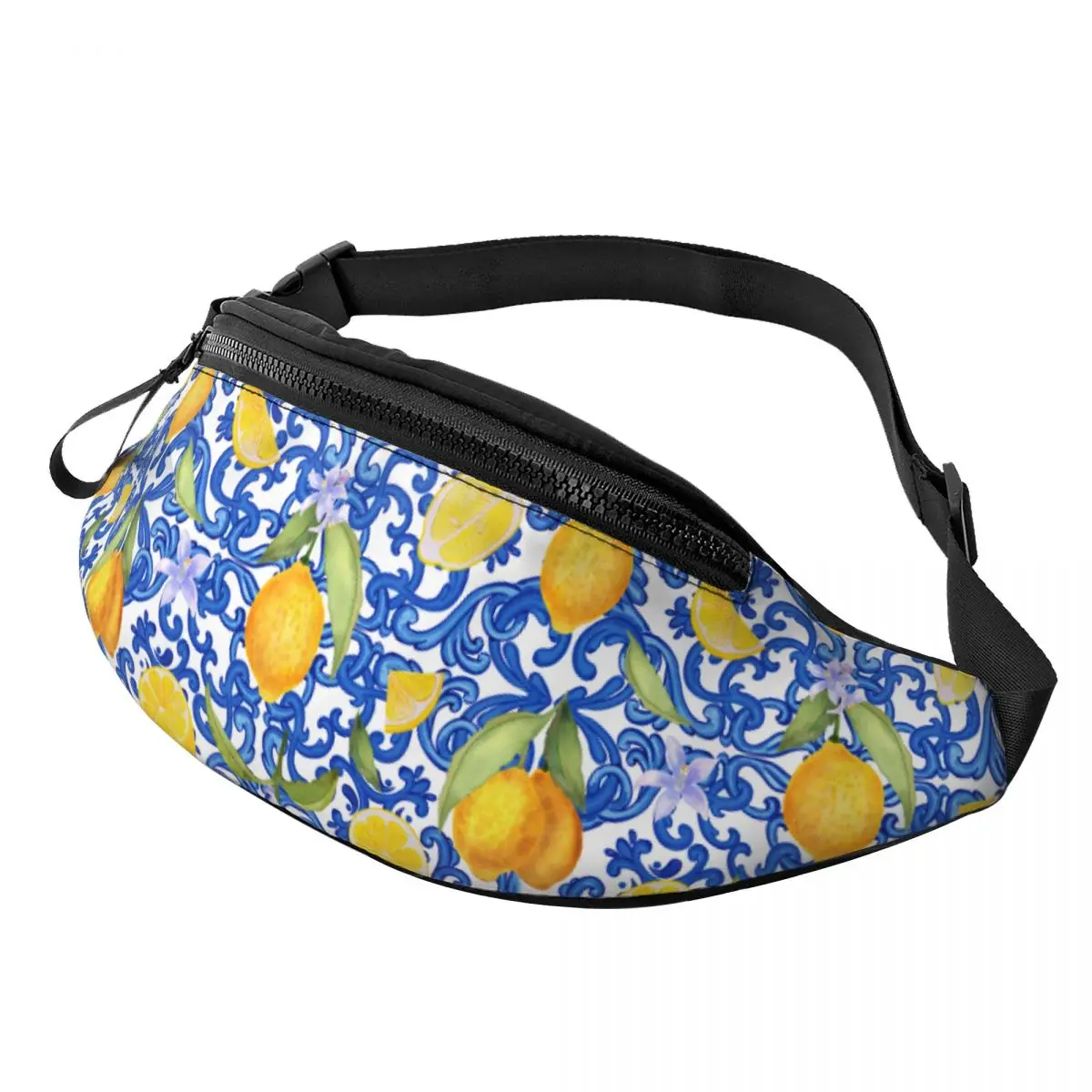 Custom Mediterranean Sicilian Blue Tiles Lemons Fanny Pack Men Women Cool Crossbody Waist Bag for Hiking Phone Money Pouch