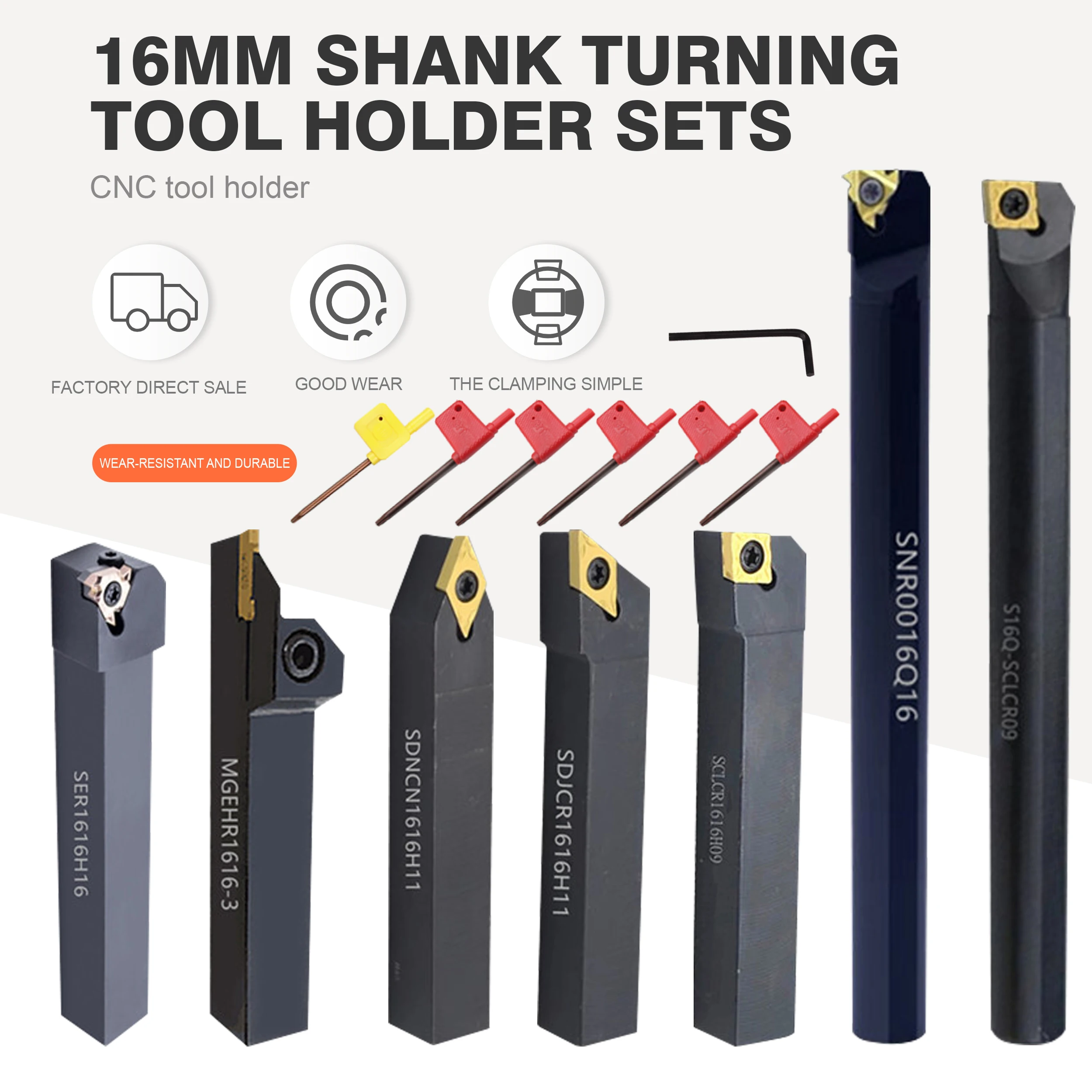 7Sets of 16MM CNC Lathe Turning Tool Holder Boring Bar with Applicable Inserts and Wrenches Set for Turning Threading