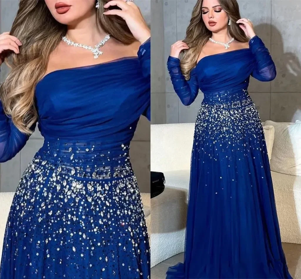 Customized Elegant Royal Blue Women Prom Party Dress 2024 Off Shoulder A Line Long Sleeves Tulle Evening Formal Gowns Dubai Robe