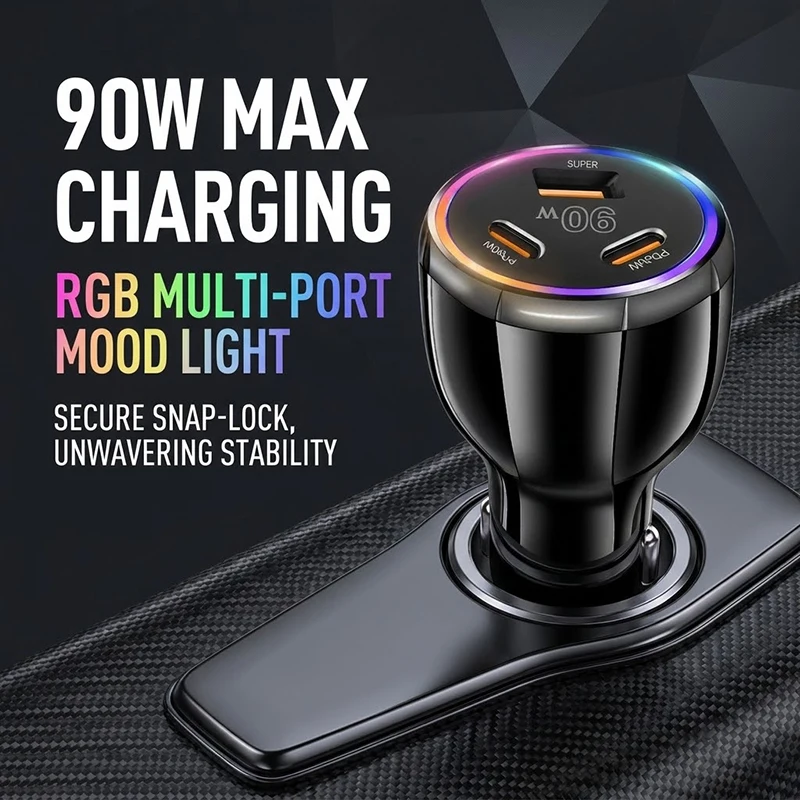90W Car Charger With Colorful Ambient Light 3-Port PD Fast Charging Auto Adapter Universal Vehicle Fit For iPhone 16 15 Pro Max