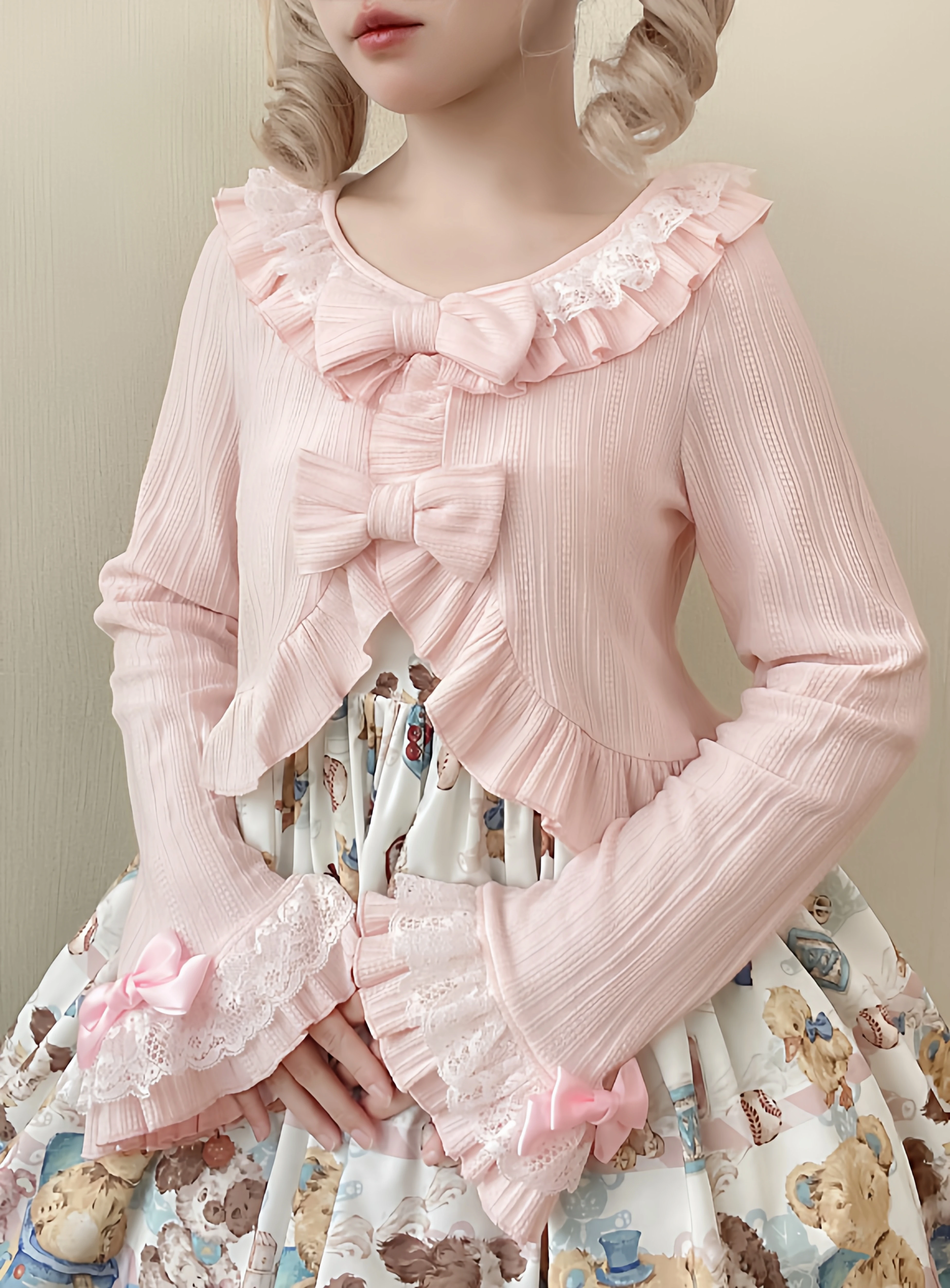 Coalfell Lolita gola plissada xale curto Lolita outono e inverno mangas jaqueta fofa cardigã de malha com laço