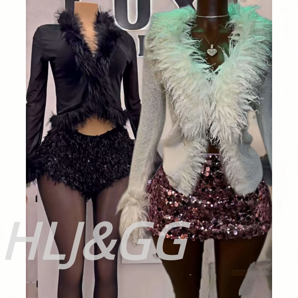 

Модные вязаные костюмы HLJ&GG с меховыми вставками: комплект из топа с длинным рукавом и мини-юбки с пайетками в стиле Y2K для женщин