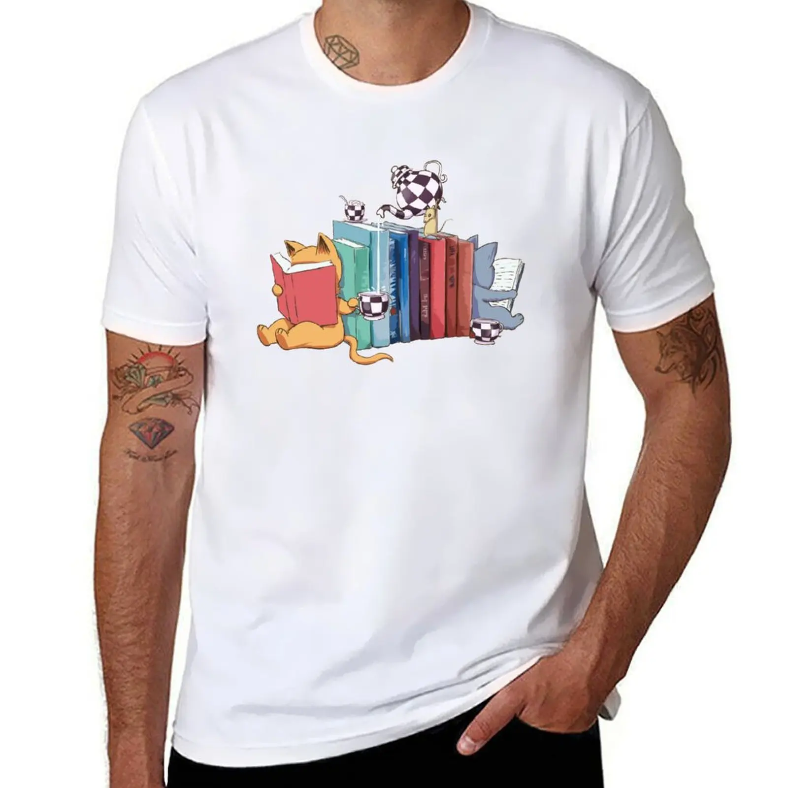 

Bookend Kittens, Cats, tea and books gift T-Shirt t shirts cotton 100% essential t shirt man t shirt designer T-shirt