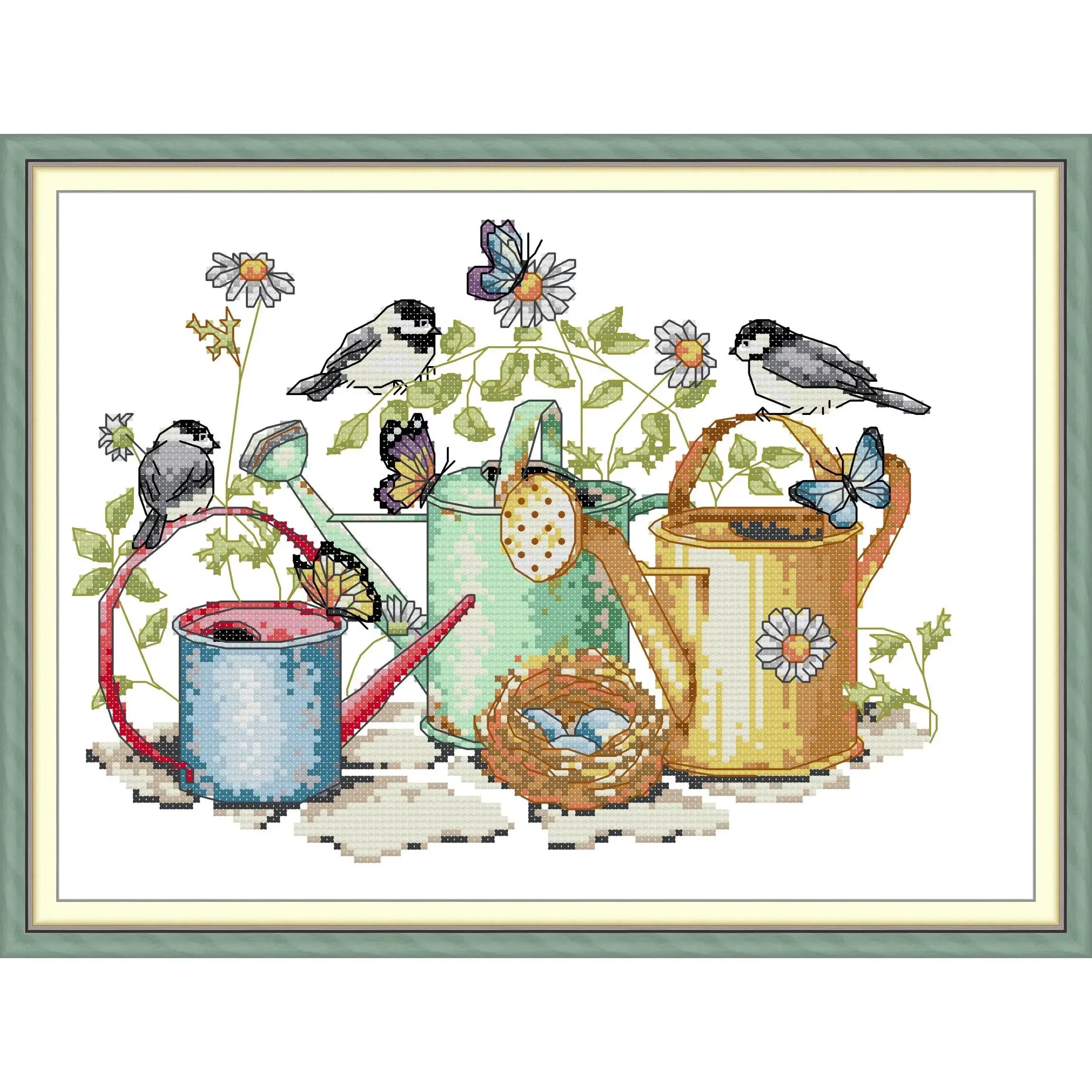 Joy Sunday Pre-printed Cross Stitch Kit  Easy Pattern Aida  Stamped Fabric Embroidery Set-Bird and Kettle