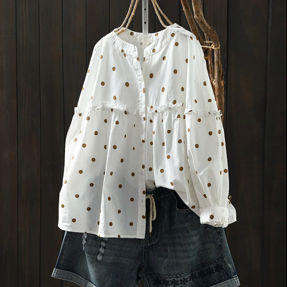女性のシャツ 2025 トレンド綿 100% 長袖ストリング耳水玉シャツとブラウス女性トップス大きいサイズの服