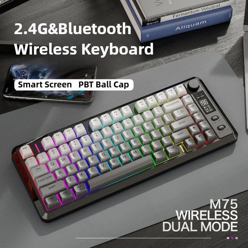 

M75 Беспроводная Bluetooth-клавиатура 2,4G с RGB-подсветкой, электронный экран, многофункциональная клавиатура с ручкой для ПК, ноутбука, офисной игры