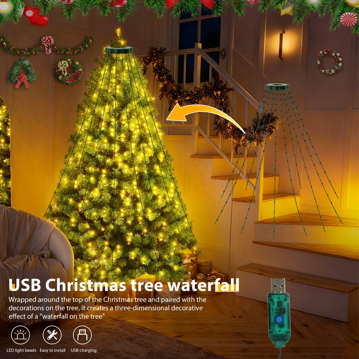 USB LED سلسلة أضواء مقاوم للماء شجرة عيد الميلاد الجنية أضواء مع 8 أوضاع الإضاءة لحديقة داخلية الزفاف ديكور الهالوين